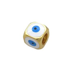 Copper Cube Beads White Enamel Evil Eye Large Hole Gold Plated, approx 8.5mm, 5mm hole [FN34835]