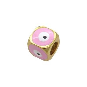 Copper Cube Beads Pink Enamel Evil Eye Large Hole Gold Plated, approx 8.5mm, 5mm hole [FN34837]