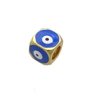 Copper Cube Beads Blue Enamel Evil Eye Large Hole Gold Plated, approx 8.5mm, 5mm hole [FN34838]