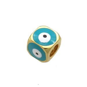 Copper Cube Beads Teal Enamel Evil Eye Large Hole Gold Plated, approx 8.5mm, 5mm hole [FN34839]