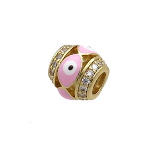 Copper Barrel Beads Pave Zircon Pink Enamel Evil Eye Large Hole Gold Plated, approx 8mm, 3mm hole [FN34925]