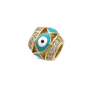 Copper Barrel Beads Pave Zircon Teal Enamel Evil Eye Large Hole Gold Plated, approx 8mm, 3mm hole [FN34926]