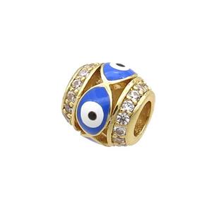 Copper Barrel Beads Pave Zircon Blue Enamel Evil Eye Large Hole Gold Plated, approx 8mm, 3mm hole [FN34927]