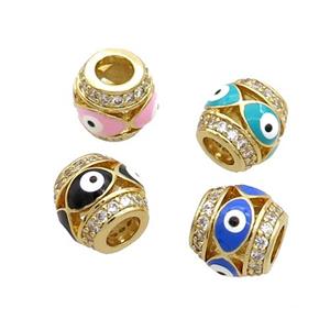 Copper Barrel Beads Pave Zircon Enamel Evil Eye Large Hole Gold Plated Mixed, approx 8mm, 3mm hole [FN34928]