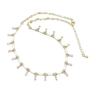 Copper Necklace Pave Zircon White Enamel Gold Plated, approx 2x5mm, 10mm, 37-42cm length [FN34932]