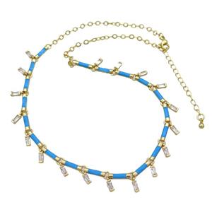 Copper Necklace Pave Zircon Blue Enamel Gold Plated, approx 2x5mm, 10mm, 37-42cm length [FN34935]