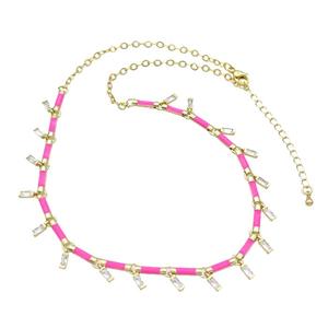 Copper Necklace Pave Zircon Hotpink Enamel Gold Plated, approx 2x5mm, 10mm, 37-42cm length [FN34936]