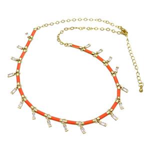 Copper Necklace Pave Zircon Orange Enamel Gold Plated, approx 2x5mm, 10mm, 37-42cm length [FN34937]