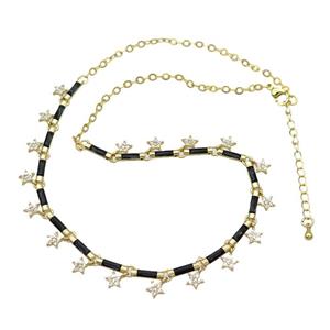 Copper Necklace Pave Zircon Black Enamel Gold Plated, approx 6mm, 10mm, 37-42cm length [FN34939]