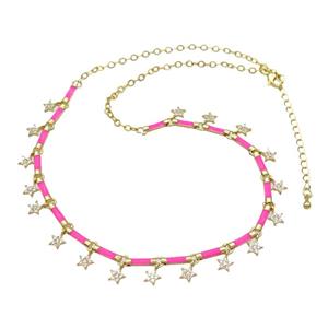 Copper Necklace Pave Zircon Hotpink Enamel Gold Plated, approx 6mm, 10mm, 37-42cm length [FN34941]