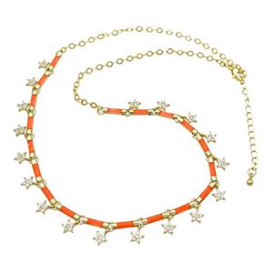 Copper Necklace Pave Zircon Orange Enamel Gold Plated, approx 6mm, 10mm, 37-42cm length [FN34943]