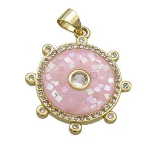 Copper Circle Pendant Pave Shell Pink Gold Plated, approx 22mm [FN35005]