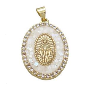 Copper Oval Pendant Pave Shell Virgin Mary Religious White Gold Plated, approx 18-25mm [FN35010]