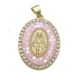 Copper Oval Pendant Pave Shell Virgin Mary Pink Gold Plated, approx 18-25mm [FN35011]