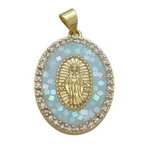 Copper Oval Pendant Pave Shell Virgin Mary Aqua Gold Plated, approx 18-25mm [FN35012]