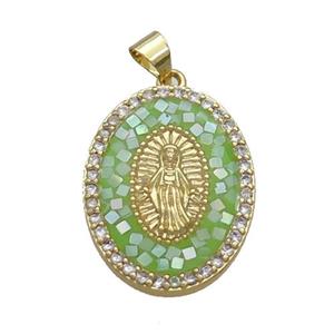 Copper Oval Pendant Pave Shell Virgin Mary Green Gold Plated, approx 18-25mm [FN35013]