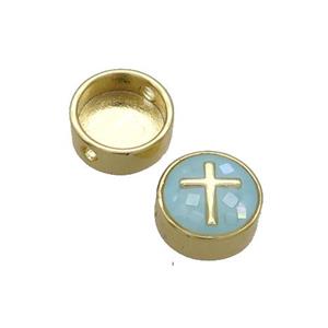 Copper Button Beads Pave Shell Aqua Cross Gold Plated, approx 11mm dia [FN35022]
