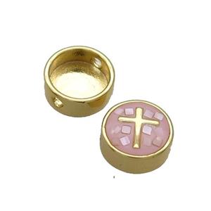 Copper Button Beads Pave Shell Pink Cross Gold Plated, approx 11mm dia [FN35024]