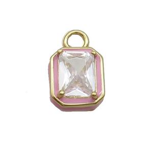 Copper Rectangle Pendant Pave Clear Crystal Glass Pink Enamel Gold Plated, approx 9.5-11mm [FN35087]