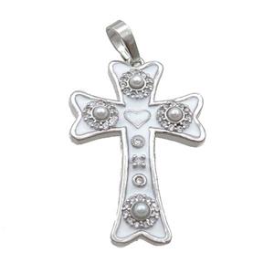 Copper Cross Pendant Pave Zircon White Enamel Platinum Plated, approx 20-30mm [FN35101]