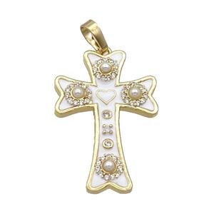 Copper Cross Pendant Pave Zircon White Enamel Gold Plated, approx 20-30mm [FN35102]