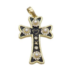 Copper Cross Pendant Pave Zircon Black Enamel Religious Gold Plated, approx 20-30mm [FN35104]