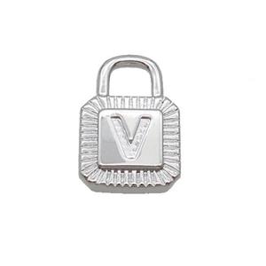 Copper Lock Pendant V-Letter Platinum Plated, approx 10-15mm [FN35126]