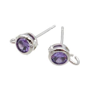 Copper Stud Earring Pave Purple Crystal Glass Platinum Plated, approx 5mm [FN35196]