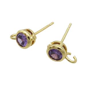 Copper Stud Earring Pave Purple Crystal Glass Gold Plated, approx 5mm [FN35202]