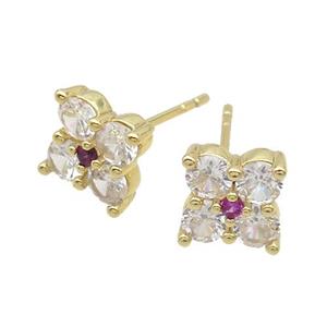 Copper Stud Earring Pave Clear Crystal Glass Flower Gold Plated, approx 8x8mm [FN35204]