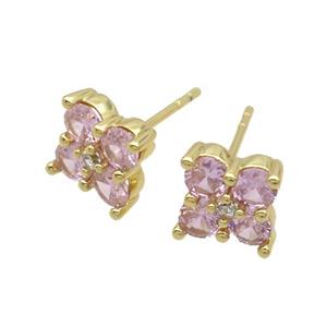 Copper Stud Earring Pave Pink Crystal Glass Flower Gold Plated, approx 8x8mm [FN35205]