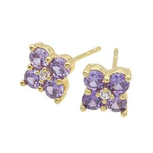 Copper Stud Earring Pave Purple Crystal Glass Flower Gold Plated, approx 8x8mm [FN35207]