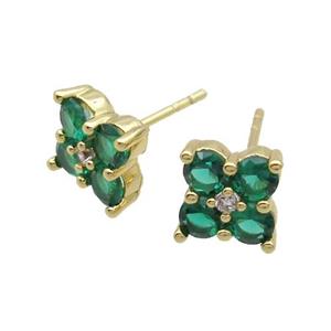 Copper Stud Earring Pave Green Crystal Glass Flower Gold Plated, approx 8x8mm [FN35208]
