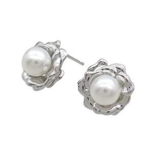 Copper Stud Earring Pave Pearlized Shell White Flower Platinum Plated, approx 8mm, 14mm [FN35209]
