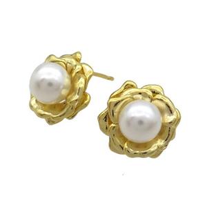 Copper Stud Earring Pave Pearlized Shell White Flower Gold Plated, approx 8mm, 14mm [FN35210]