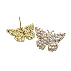 Copper Butterfly Stud Earring Pave Shell Gold Plated, approx 15.5-23mm [FN35212]