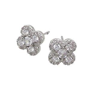 Copper Stud Earring Pave Zircon Clover Platinum Plated, approx 11mm [FN35213]