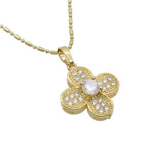 Copper Necklace With Clover Pave Zircon Gold Plated, approx 18mm, 45-50cm length [FN35216]