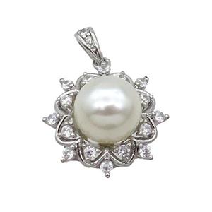 Copper Pendant Pave Pearlized Shell Flower Platinum Plated, approx 10mm, 18.5mm [FN35217]