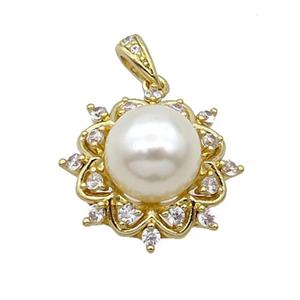 Copper Pendant Pave Pearlized Shell Flower Gold Plated, approx 10mm, 18.5mm [FN35218]