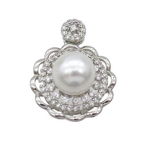 Copper Pendant Pave Pearlized Shell Flower Platinum Plated, approx 10mm, 20mm [FN35225]