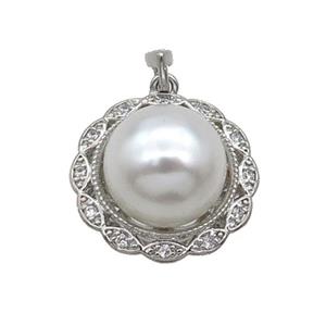 Copper Pendant Pave Pearlized Shell Flower Platinum Plated, approx 11.5mm, 18mm [FN35227]