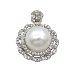 Copper Pendant Pave Pearlized Shell Flower Platinum Plated, approx 11.5mm, 20mm [FN35231]