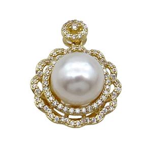 Copper Pendant Pave Pearlized Shell Flower Gold Plated, approx 11.5mm, 20mm [FN35232]