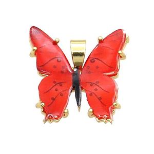 Copper Butterfly Pendant Pave Red Resin Gold Plated, approx 20mm [FN35254]