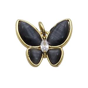 Copper Butterfly Pendant Pave Black Catseye Gold Plated, approx 16-18mm [FN35261]