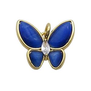 Copper Butterfly Pendant Pave Blue Catseye Gold Plated, approx 16-18mm [FN35263]