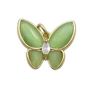 Copper Butterfly Pendant Pave Green Catseye Gold Plated, approx 16-18mm [FN35265]