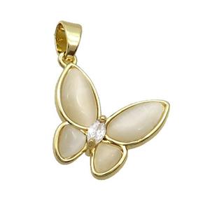 Copper Butterfly Pendant Pave White Catseye Gold Plated, approx 16-18mm [FN35269]