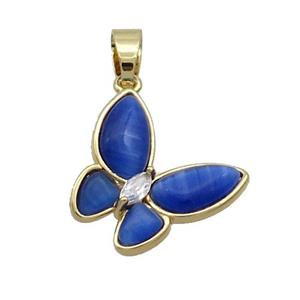 Copper Butterfly Pendant Pave Blue Catseye Gold Plated, approx 16-18mm [FN35271]